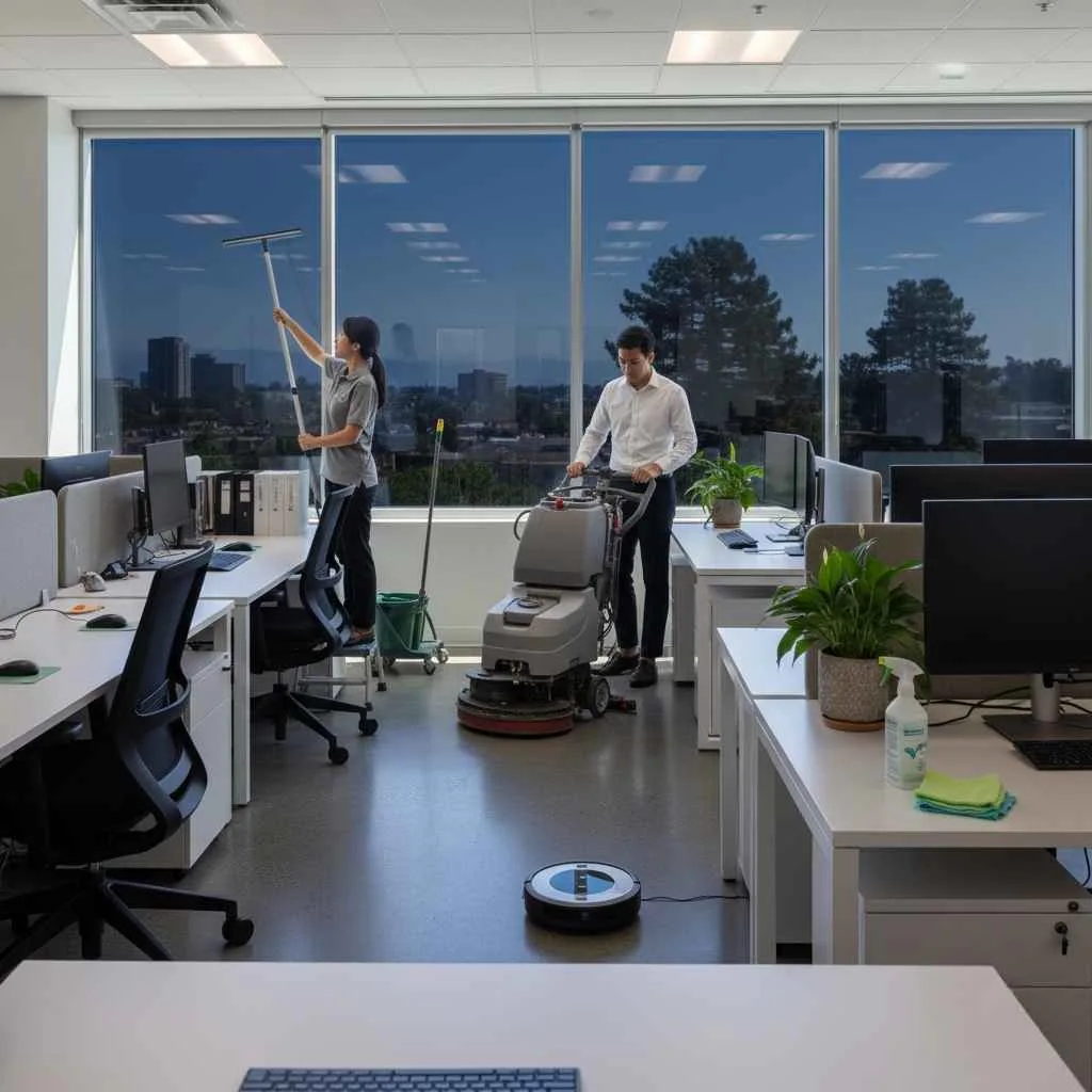 professional cleaners working after business hours
