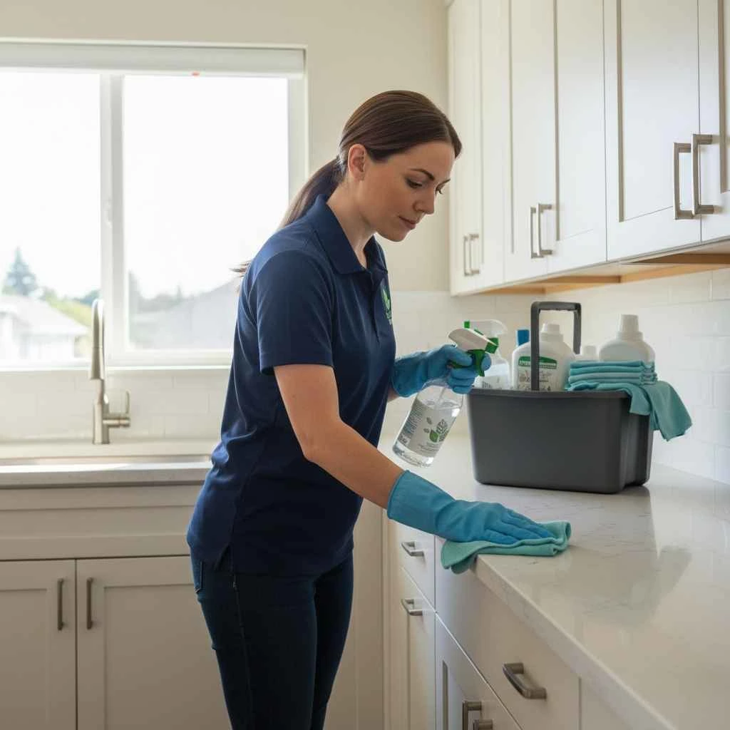 Professional cleaner wiping kitchen cabinets and countertops