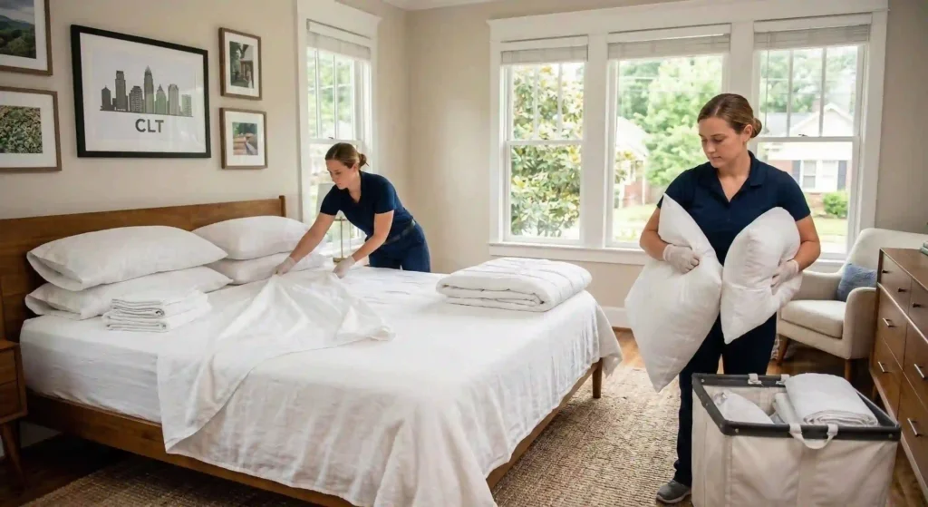 cleaners changing linens and preparing a bed in a Charlotte Airbnb.
