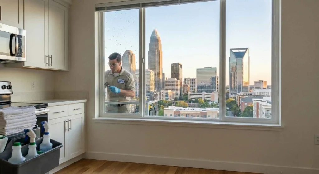 professional technician carefully removing paint specks from a Charlotte office window.