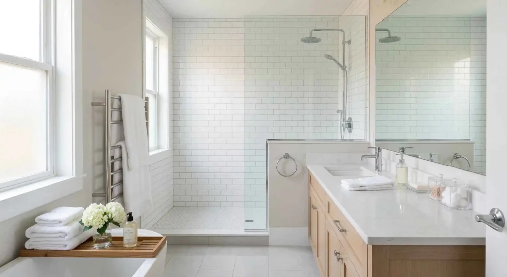 professionally cleaned bathroom with shining tiles and mirrors.