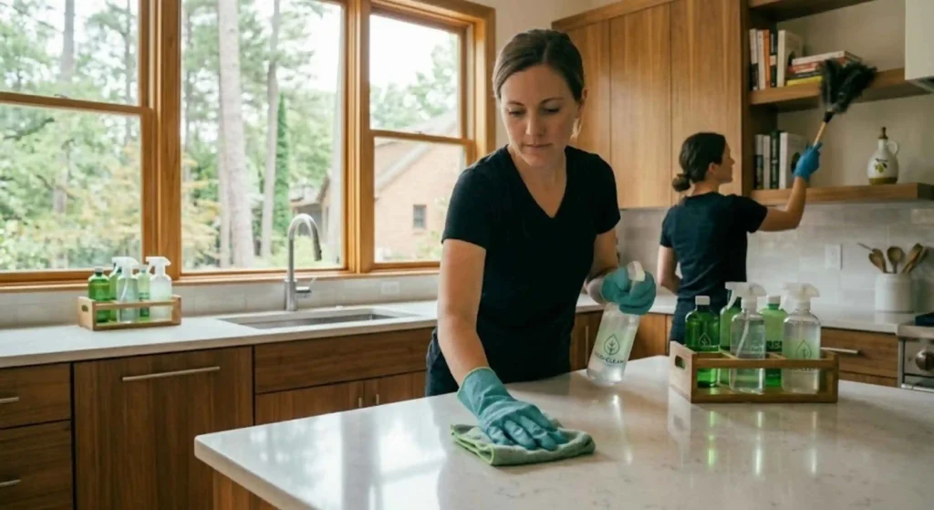cleaner wiping a kitchen counter using microfiber cloth