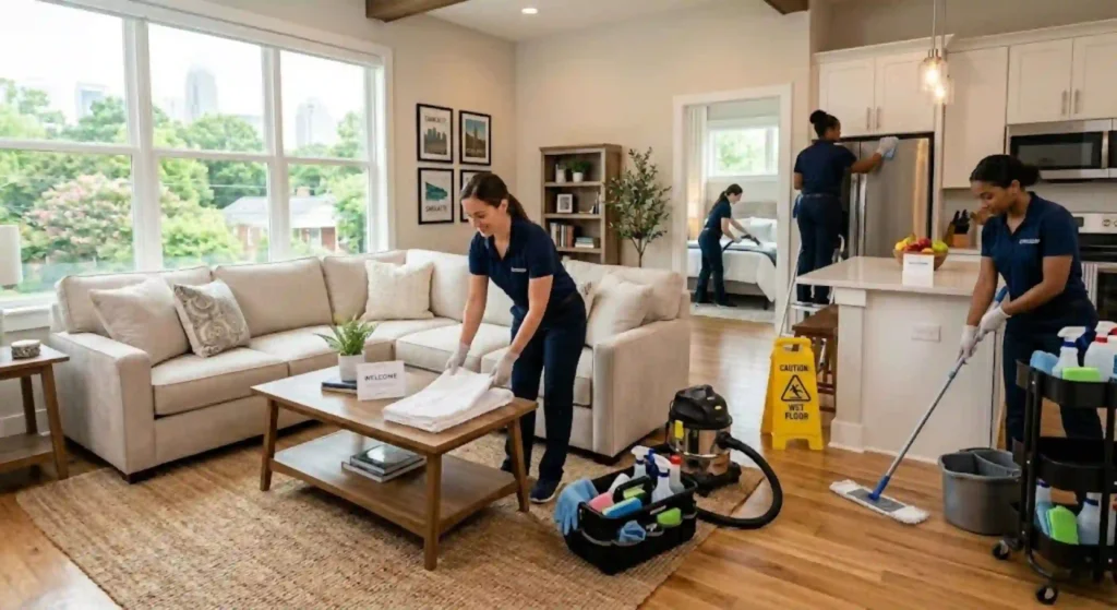 cleaning team preparing an Airbnb property