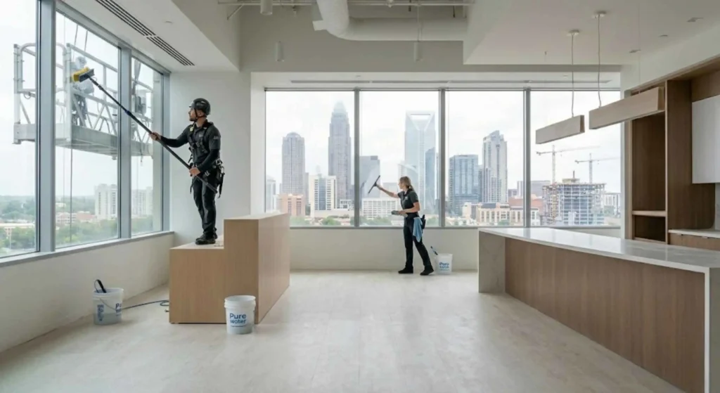 professionals cleaning windows after construction
