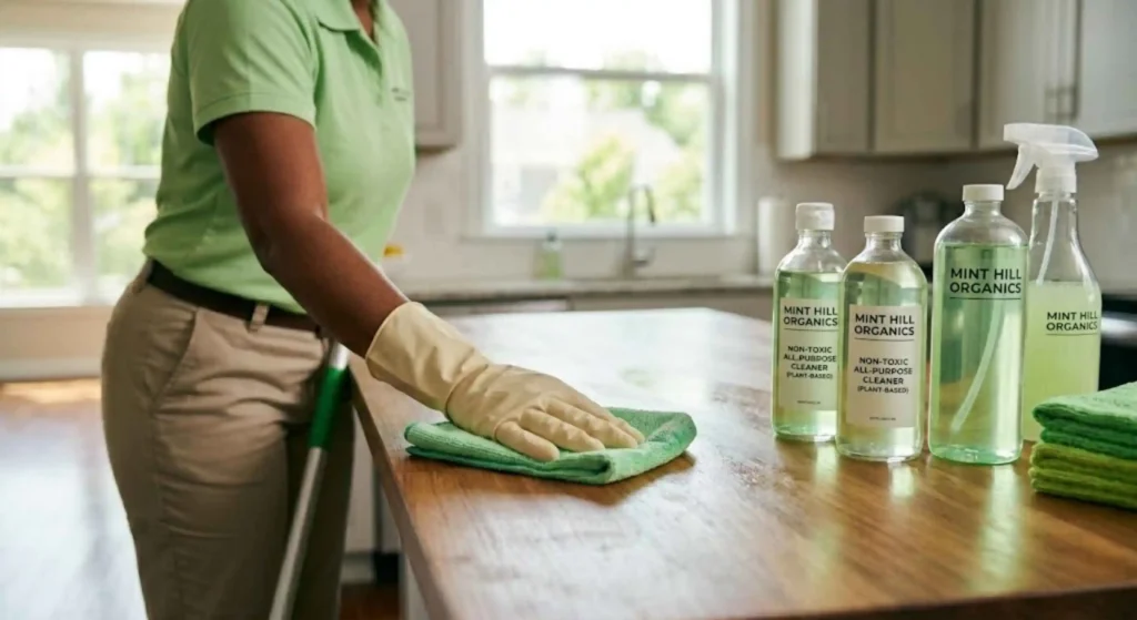 Professional cleaner using non-toxic products in Mint Hill kitchen