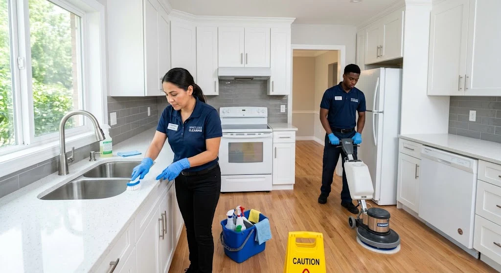 Move-in cleaners deep cleaning a kitchen in Mint Hill North Carolina