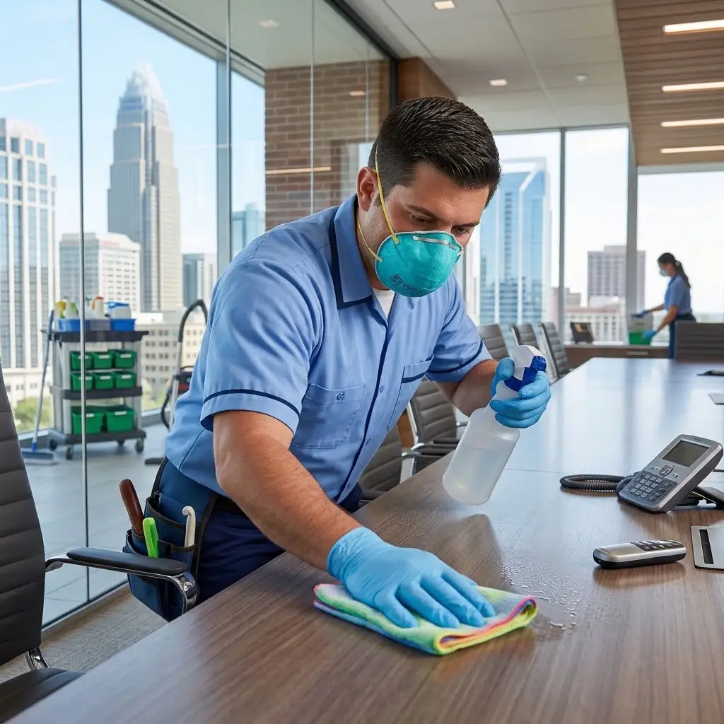 Professional cleaner sanitizing high-touch surfaces in a Charlotte office